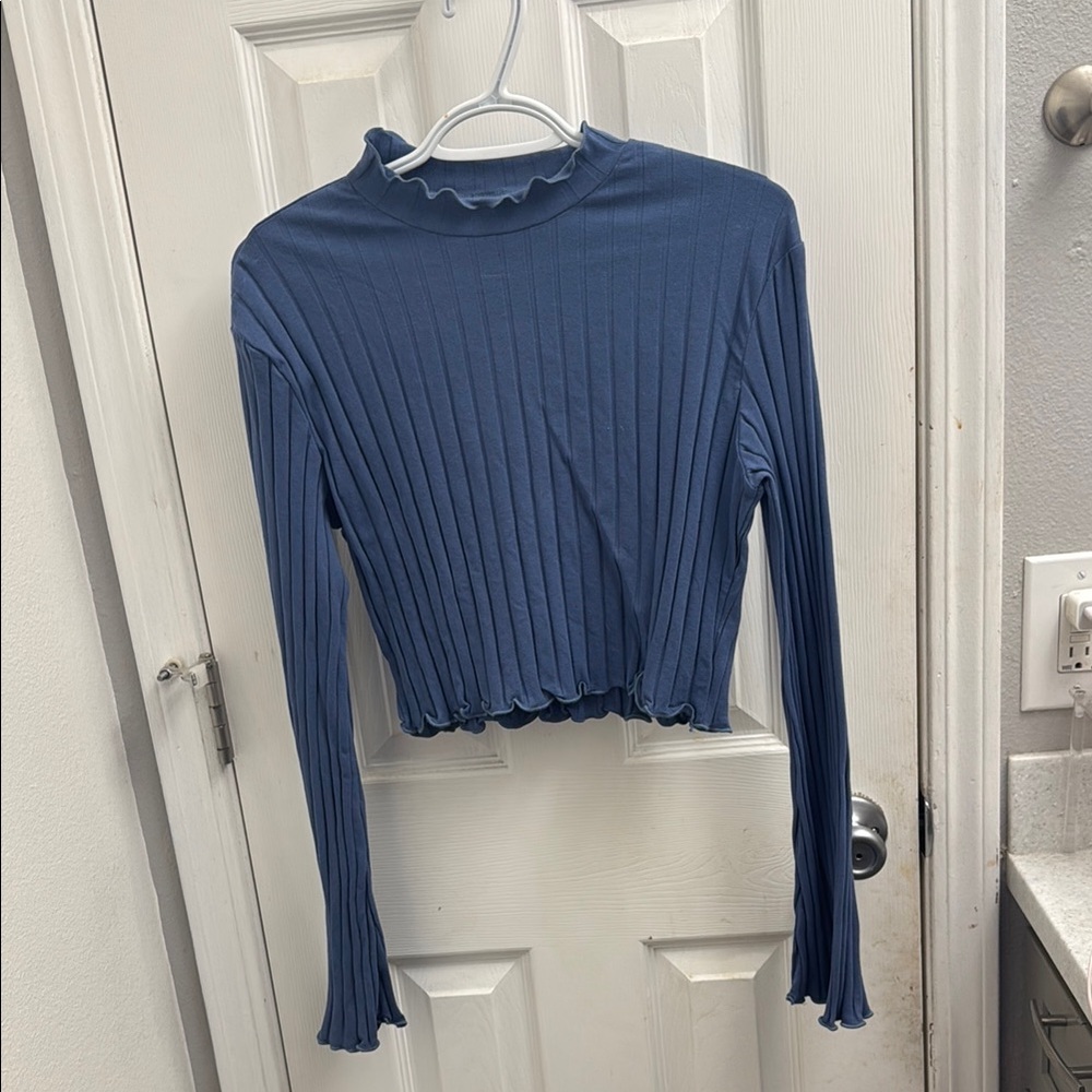 Blue Ribbed Long Sleeve Top